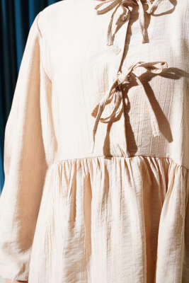 Yarım Düğmeli Bağcıklı Etekli İkili Takım Bej - Thumbnail