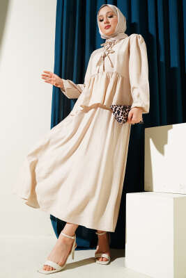 Yarım Düğmeli Bağcıklı Etekli İkili Takım Bej - Thumbnail