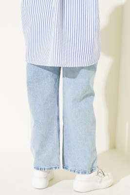 Kuşaklı Bel Lastikli Kot Pantolon Kar Açık - Thumbnail