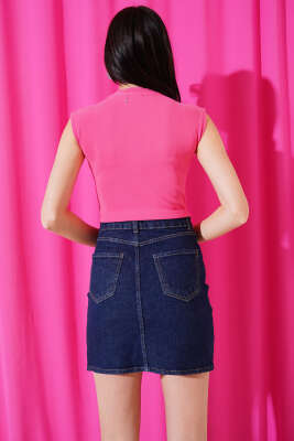 Önü Taş Süslemeli Kolsuz Crop Fuşya - Thumbnail