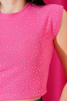 Önü Taş Süslemeli Kolsuz Crop Fuşya - Thumbnail