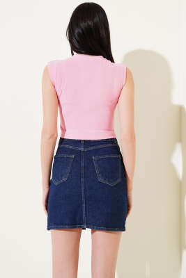 Ayıcık Nakışlı Kolsuz Crop Pembe - Thumbnail