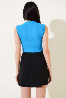 Önü Taş Süslemeli Kolsuz Crop Mavi - Thumbnail