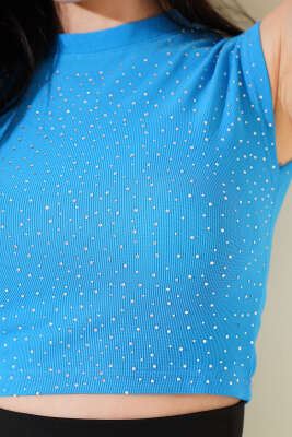 Önü Taş Süslemeli Kolsuz Crop Mavi - Thumbnail