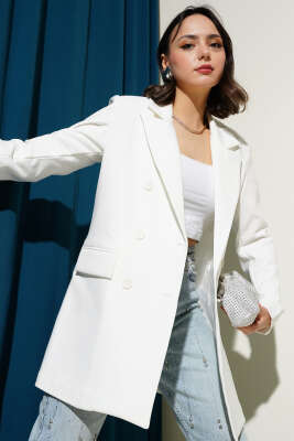 Kruvaze Yaka Altı Düğmeli Blazer Ceket Ekru - Thumbnail