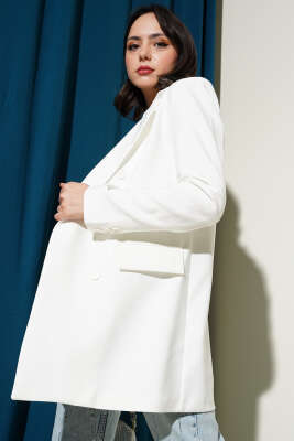 Kruvaze Yaka Altı Düğmeli Blazer Ceket Ekru - Thumbnail