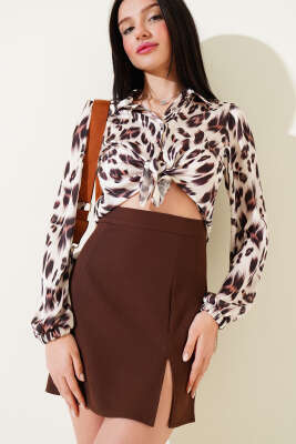 Yırtmaçlı Fermuarlı Mini Etek Kahve - Thumbnail