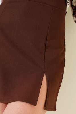 Yırtmaçlı Fermuarlı Mini Etek Kahve - Thumbnail