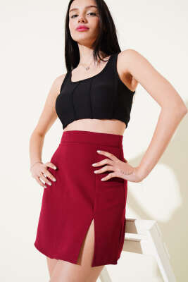 Yırtmaçlı Fermuarlı Mini Etek Bordo - Thumbnail