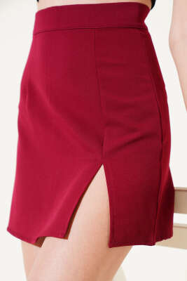 Yırtmaçlı Fermuarlı Mini Etek Bordo - Thumbnail