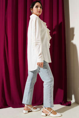 Fırfırlı Dantel Yaka Keten Gömlek Ekru - Thumbnail