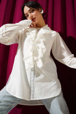 Pazarium - Fırfırlı Dantel Yaka Keten Gömlek Ekru