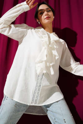 Fırfırlı Dantel Yaka Keten Gömlek Ekru - Thumbnail