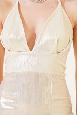 Askılı Yırtmaçlı Parlak Mini Elbise Ekru - Thumbnail