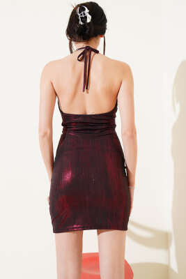 Askılı Yırtmaçlı Parlak Mini Elbise Bordo - Thumbnail
