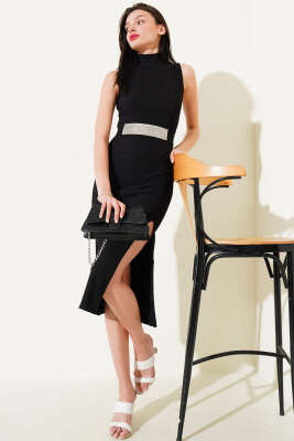 Pazarium - Balıkçı Yaka Yırtmaçlı Kaşkorse Midi Elbise Siyah