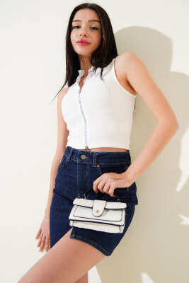 Pazarium - Önü Fermuarlı Kolsuz Kaşkorse Crop Beyaz