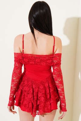 Bolerolu Dantelli Mini Elbise Kırmızı - Thumbnail