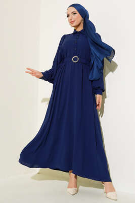 Pazarium - Yarım Düğmeli Balon Kol Kemerli Elbise Lacivert