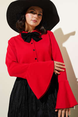 Pazarium - Kenar Dikişli Şifon Gömlek Kırmızı