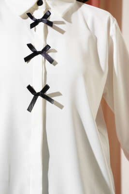 Fiyonklu Şifon Gömlek Beyaz - Thumbnail