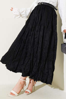 Bel Lastikli Pileli Kırışık Etek Siyah - Thumbnail