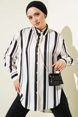 Pazarium - Çizgili Salaş Saten Gömlek Siyah