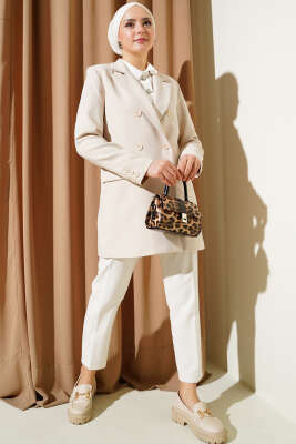 Kruvaze Yaka Altı Düğmeli Blazer Ceket Taş - Thumbnail