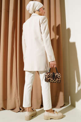 Kruvaze Yaka Altı Düğmeli Blazer Ceket Taş - Thumbnail