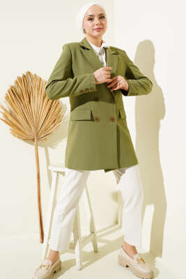 Kruvaze Yaka Altı Düğmeli Blazer Ceket Çağla Yeşili - Thumbnail