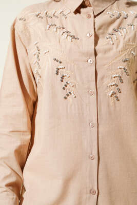 Yaprak Nakışlı Taşlı Gömlek Latte - Thumbnail