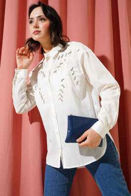 Pazarium - Yaprak Nakışlı Taşlı Gömlek Ekru