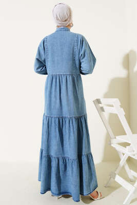 Düğmeli Hakim Yaka Kat Kot Elbise Kot Mavisi - Thumbnail