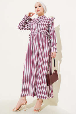 Pazarium - Çizgili Düğmeli Omuz Fırfırlı Elbise Bordo