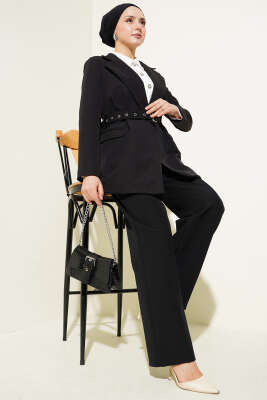 Pazarium - Kemerli Cep Kapaklı Ceket İkili Takım Siyah