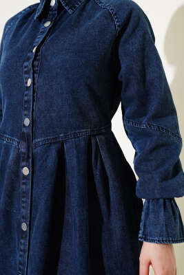 Boydan Düğmeli Pile Detaylı Kot Elbise Lacivert - Thumbnail