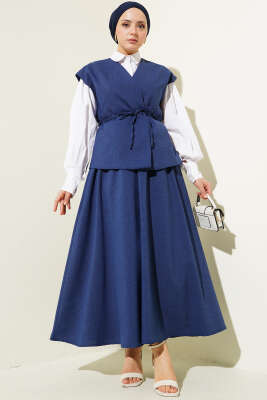 Pazarium - İp Kuşaklı Yelekli Etekli Takım Lacivert