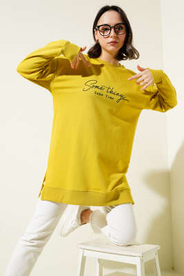 Pazarium - Something Baskılı İki İp Tunik Yağ Yeşili