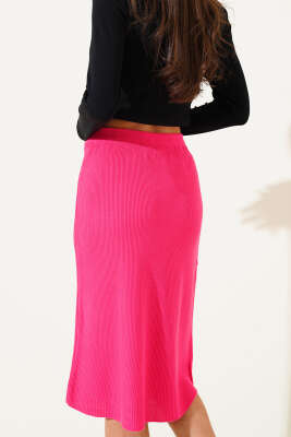 Yırtmaçlı Bel Lastikli Midi Triko Etek Fuşya - Thumbnail