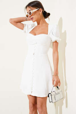 Balon Kol Boydan Düğmeli Mini Elbise Ekru - Thumbnail