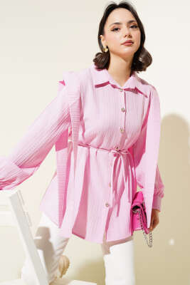 Pazarium - Omuz Pelerinli İp Kuşaklı Gömlek Pembe