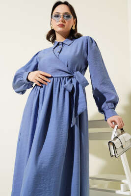 Bağlamalı Yarım Taş Düğmeli Elbise İndigo - Thumbnail