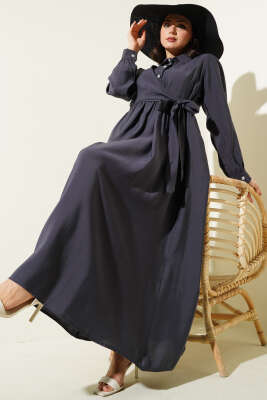 Bağlamalı Yarım Taş Düğmeli Elbise Füme - Thumbnail