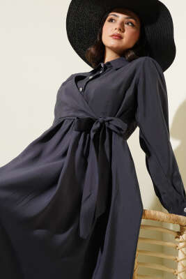 Bağlamalı Yarım Taş Düğmeli Elbise Füme - Thumbnail