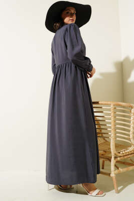 Bağlamalı Yarım Taş Düğmeli Elbise Füme - Thumbnail