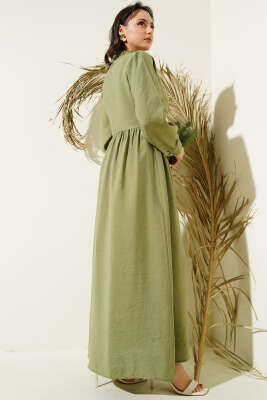 Bağlamalı Yarım Taş Düğmeli Elbise Çağla Yeşili - Thumbnail