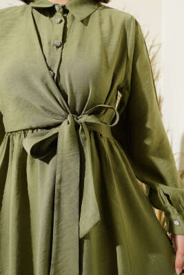 Bağlamalı Yarım Taş Düğmeli Elbise Çağla Yeşili - Thumbnail