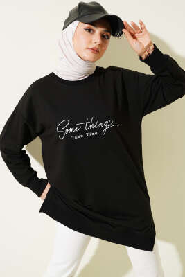 Pazarium - Something Baskılı İki İp Tunik Siyah