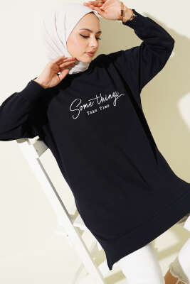 Pazarium - Something Baskılı İki İp Tunik Lacivert