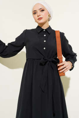 Bağlamalı Yarım Taş Düğmeli Elbise Siyah - Thumbnail